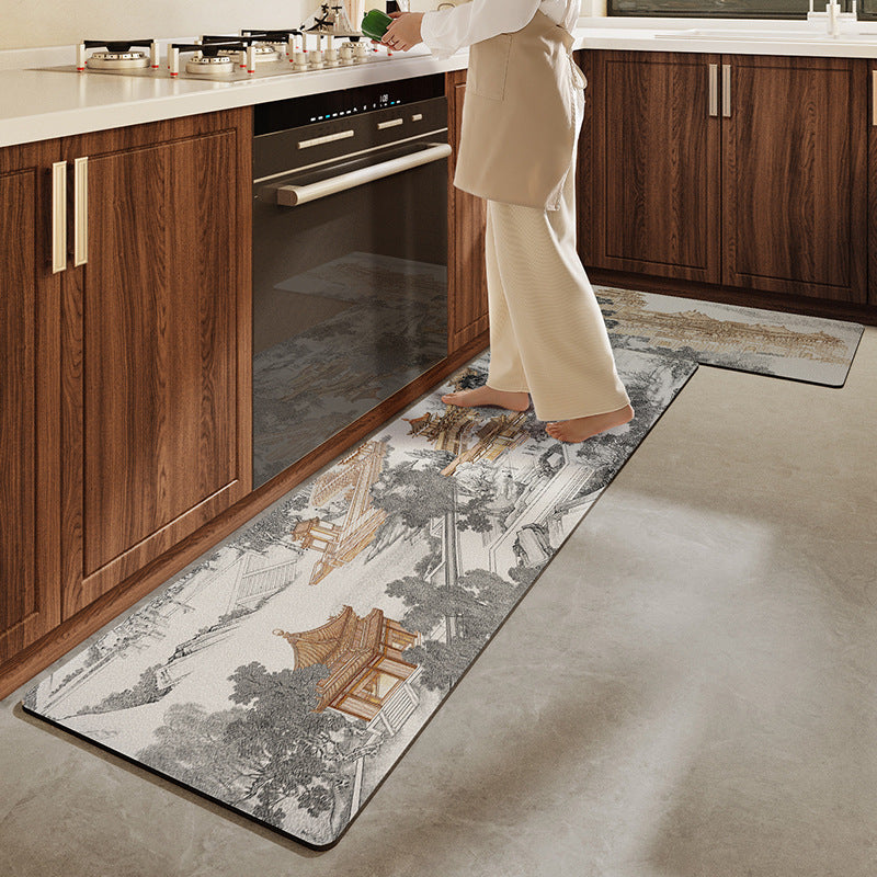 Feblilac Chinese Ancient Buildings and Trees PVC Leather Kitchen Mat - view 2