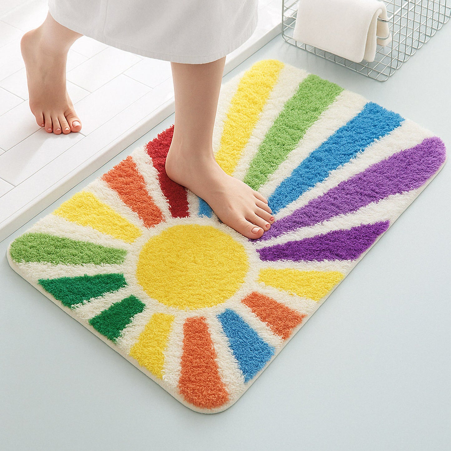 Feblilac Rainbow Sun Rays Tufted Bath Mat