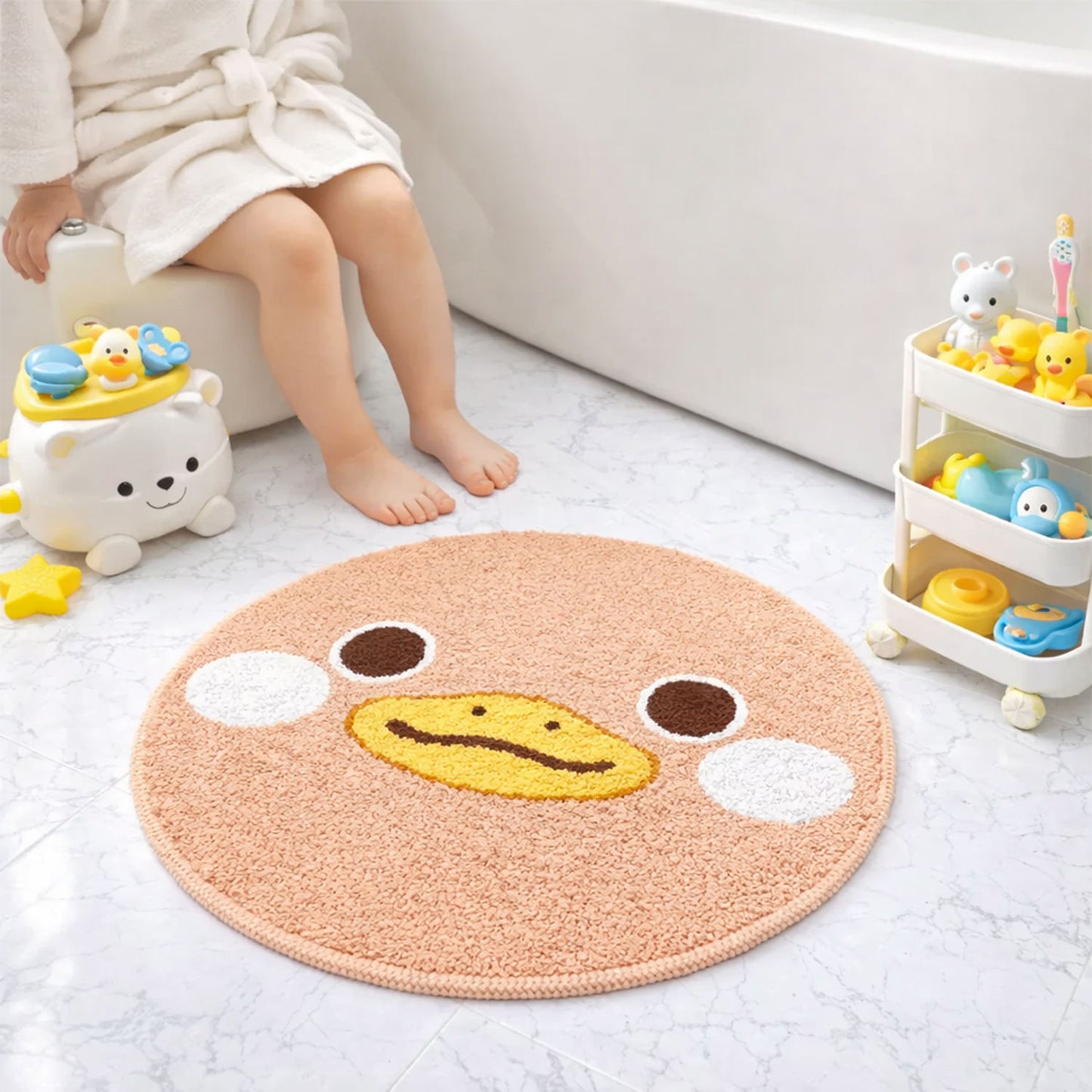 Feblilac Cute Duck Face Round Bath Mat – Soft Plush Kids Bathroom Rug, Non-Slip & Absorbent