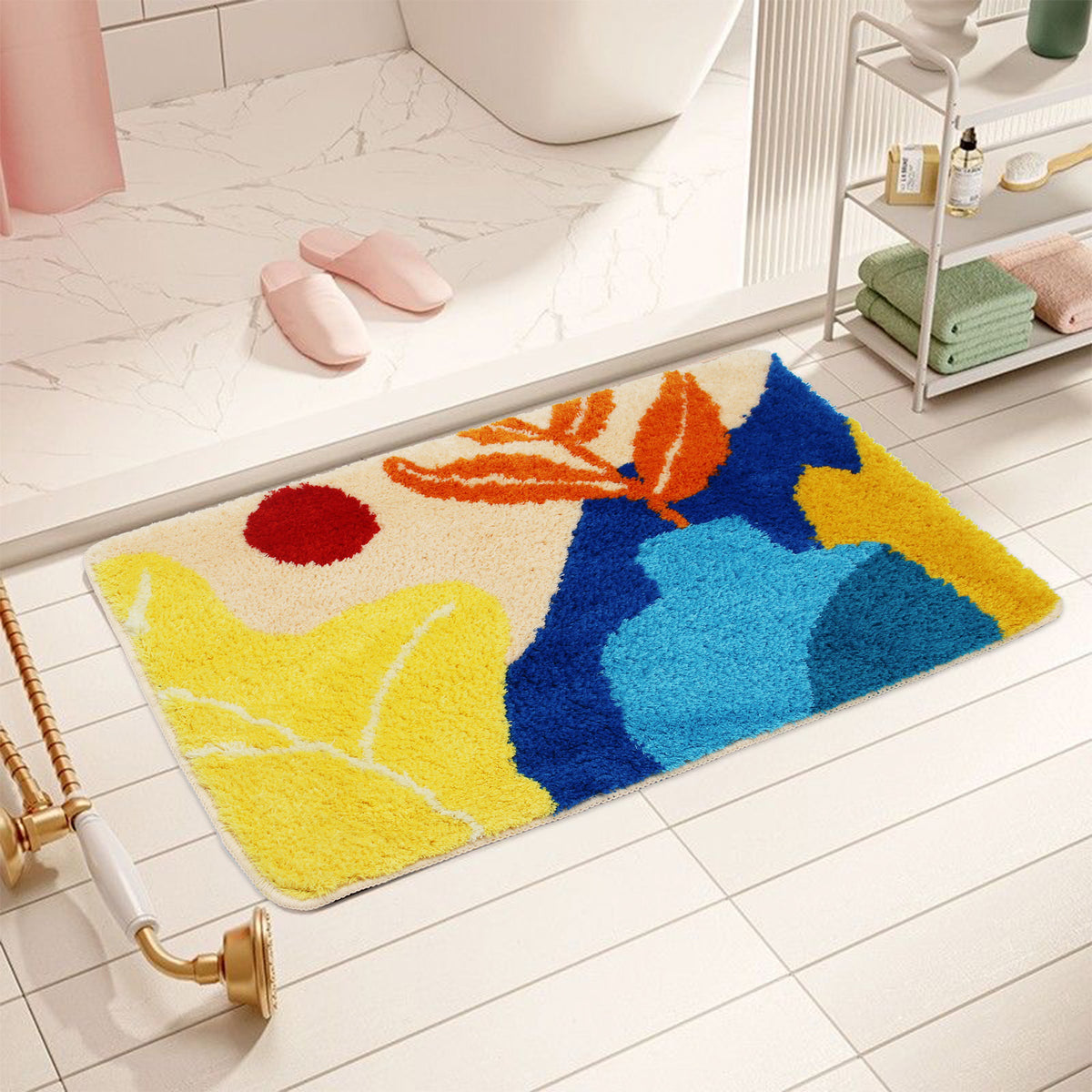 Feblilac Abstract Flower Pots tufted bath mat in front of a bathroom vanity with fresh towels