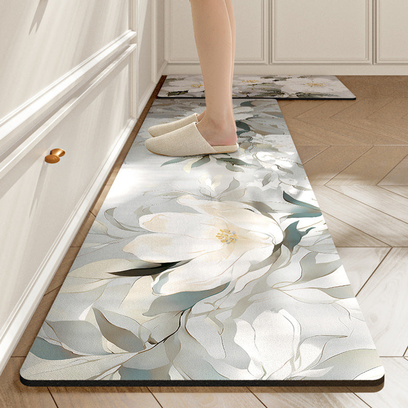 Feblilac White Flowers PVC Leather Kitchen Mat