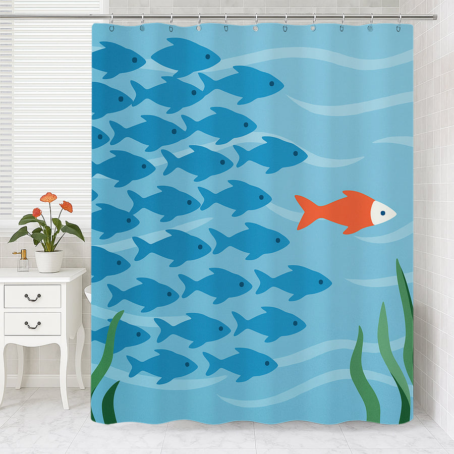 Feblilac Fish Shower Curtain – Unique Blue & Orange Ocean Theme Bathroom Decor - view 2