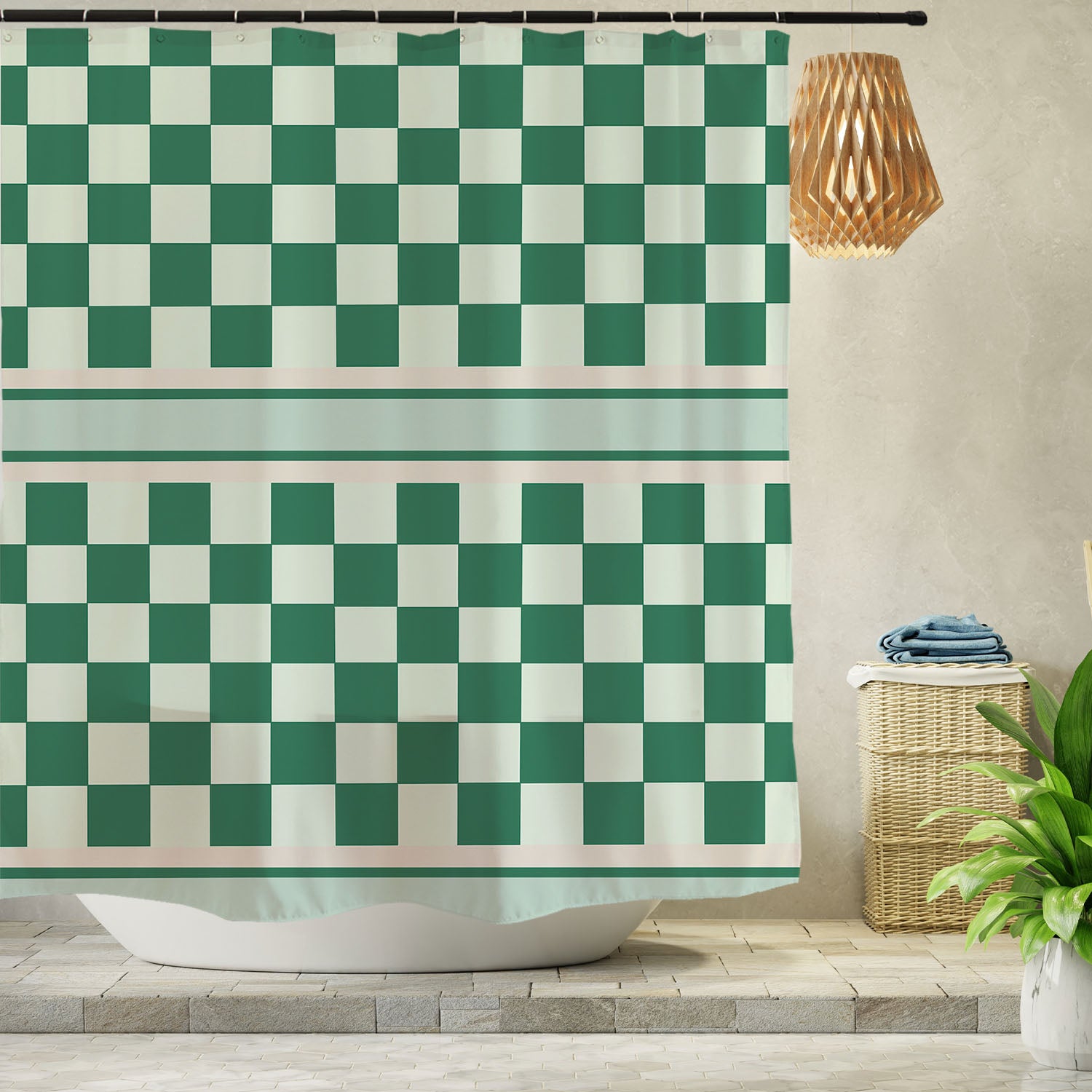 Feblilac Green Checkerboard Pattern Shower Curtain with Hooks