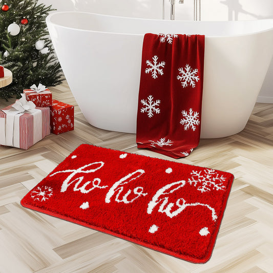 Christmas Red Bath Mat, Ho Ho Ho Snowflake Bathroom Mat, 15"x23"