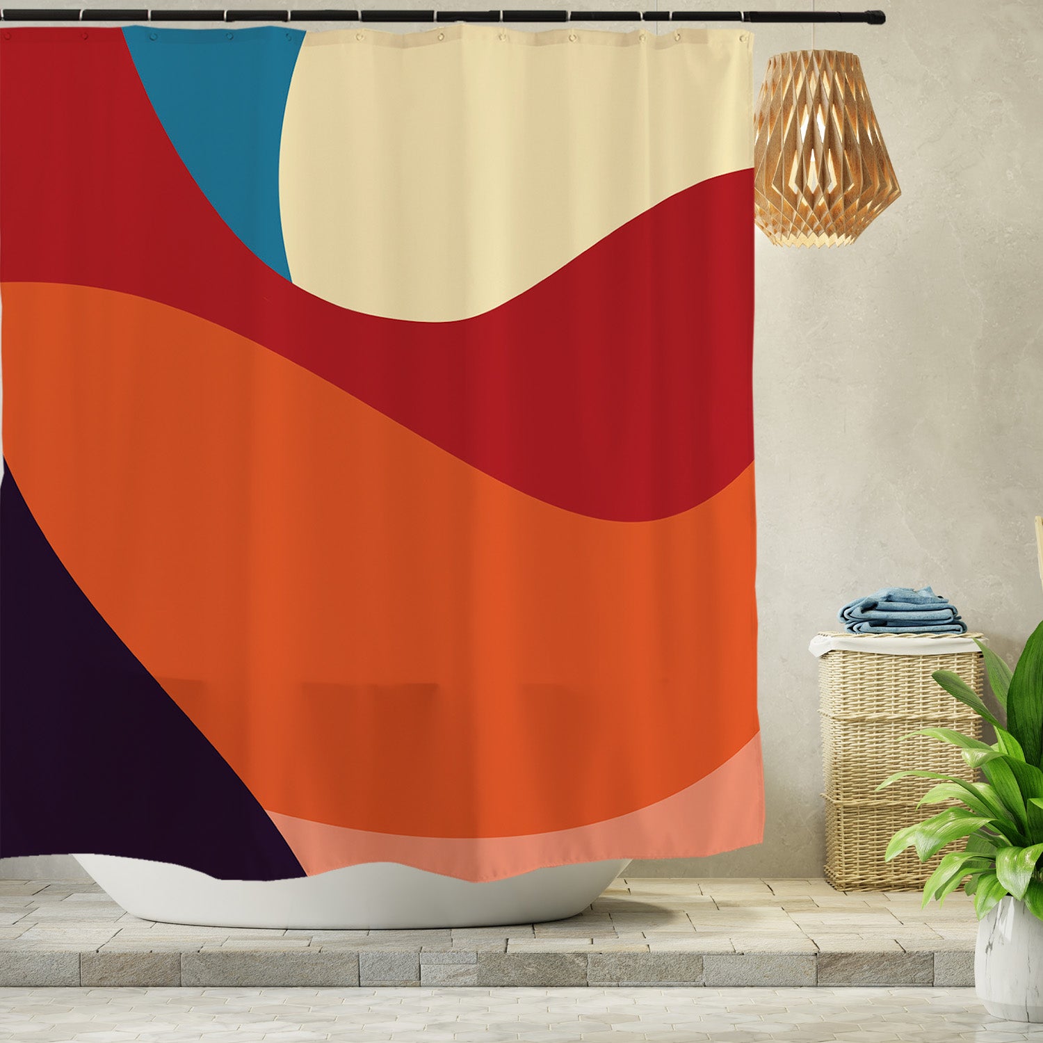 Feblilac Black and Red Abstract Curves Shower Curtain with Hooks