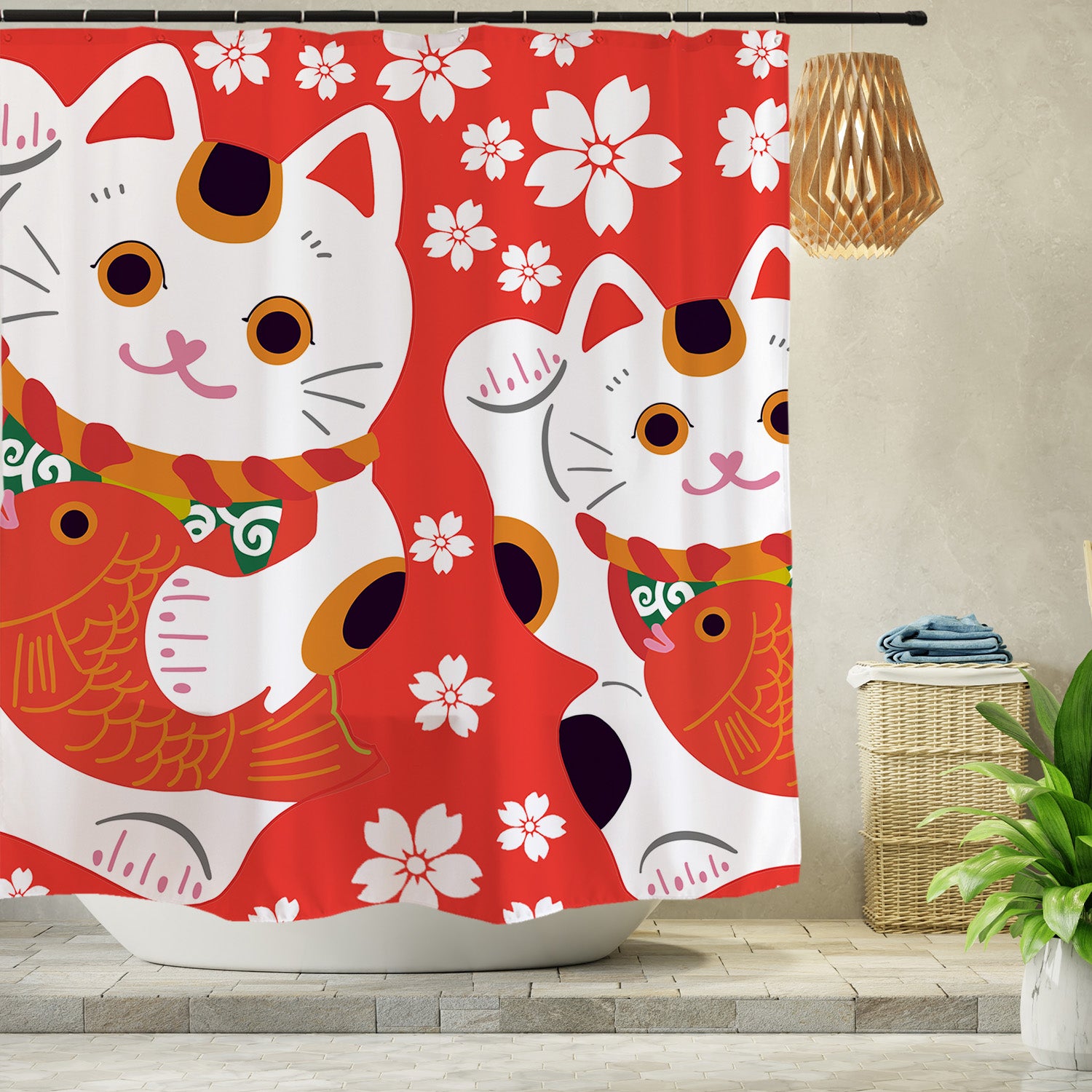 Feblilac Red Background White Sakura Lucky Cat Shower Curtain with Hooks