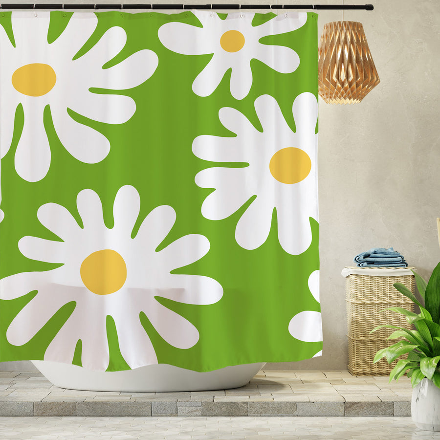 Feblilac Green Background Irregular Daisy Shower Curtain @Frank’s design - view 2