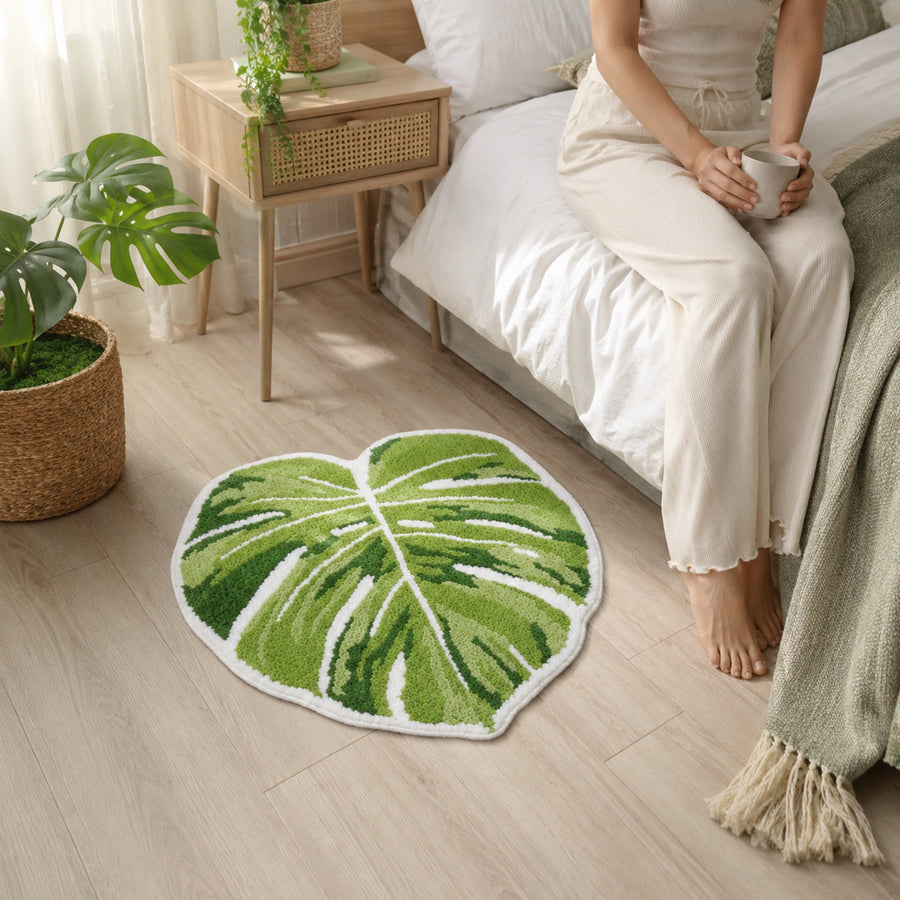 Feblilac Monstera Leaf Tufted Bath Mat – Green Botanical Rug - view 2