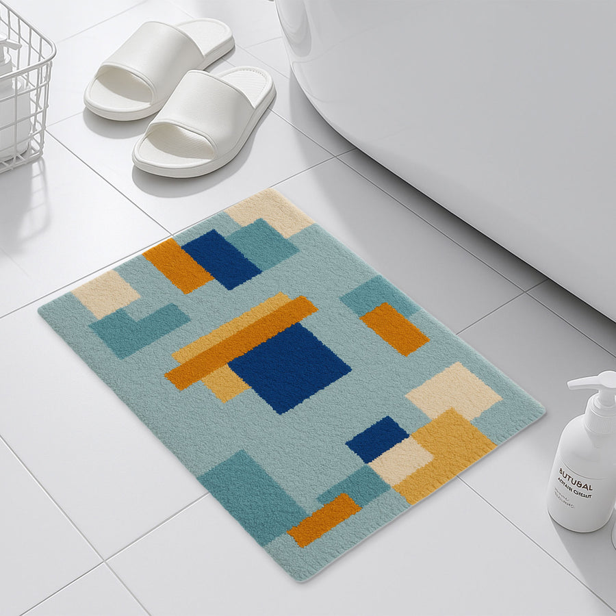 Feblilac Blue and Brown Squares Geometric Tufted Bath Mat - view 3