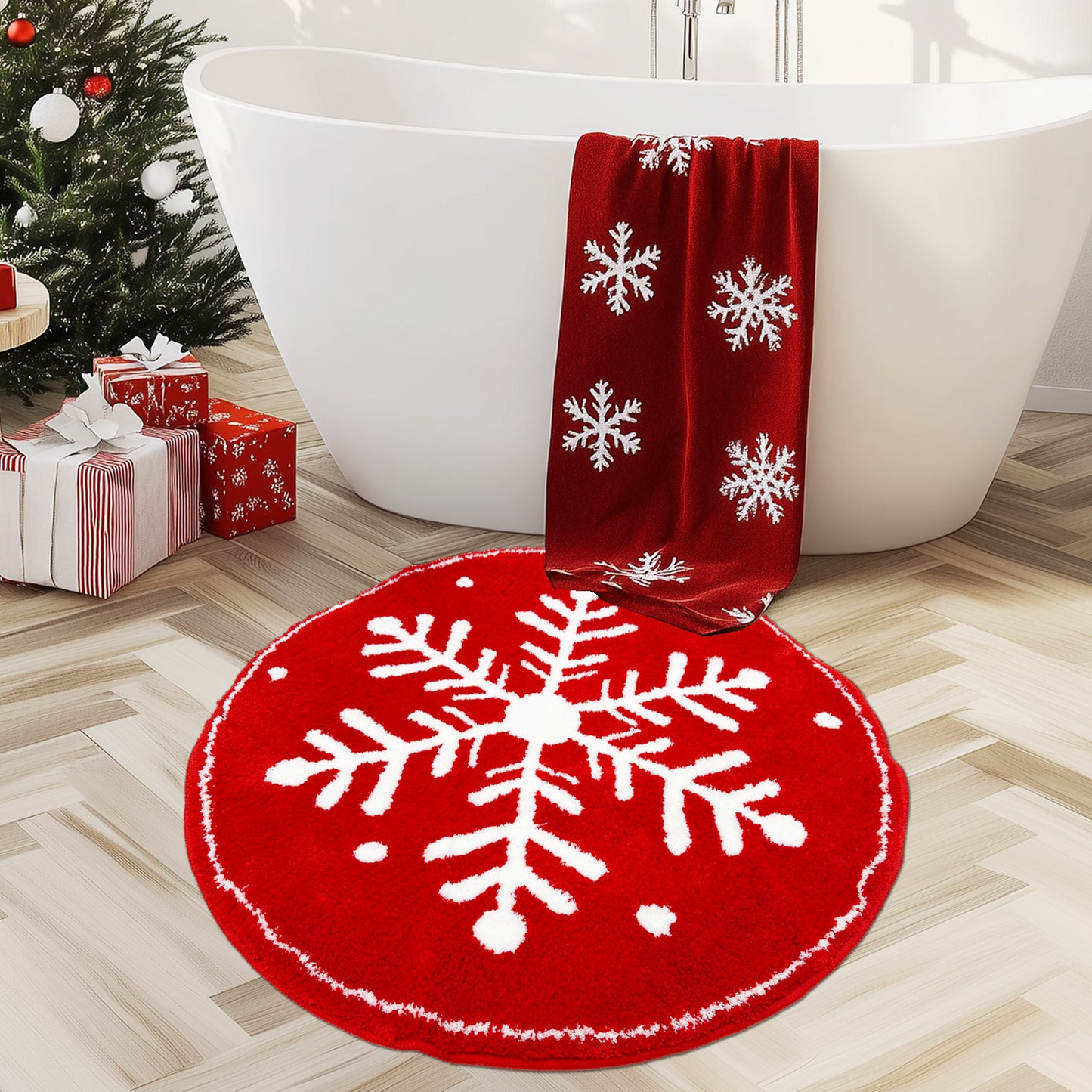 Feblilac Red background White Snowflakes Christmas style Tufted Bath Mat