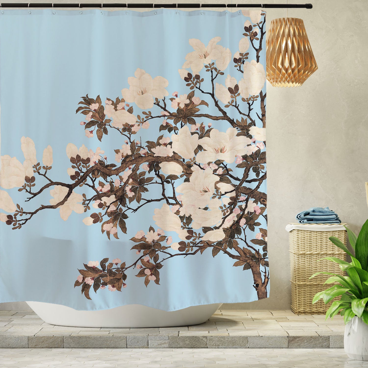 Feblilac Blue Background White Flowers Tree Shower Curtain with Hooks
