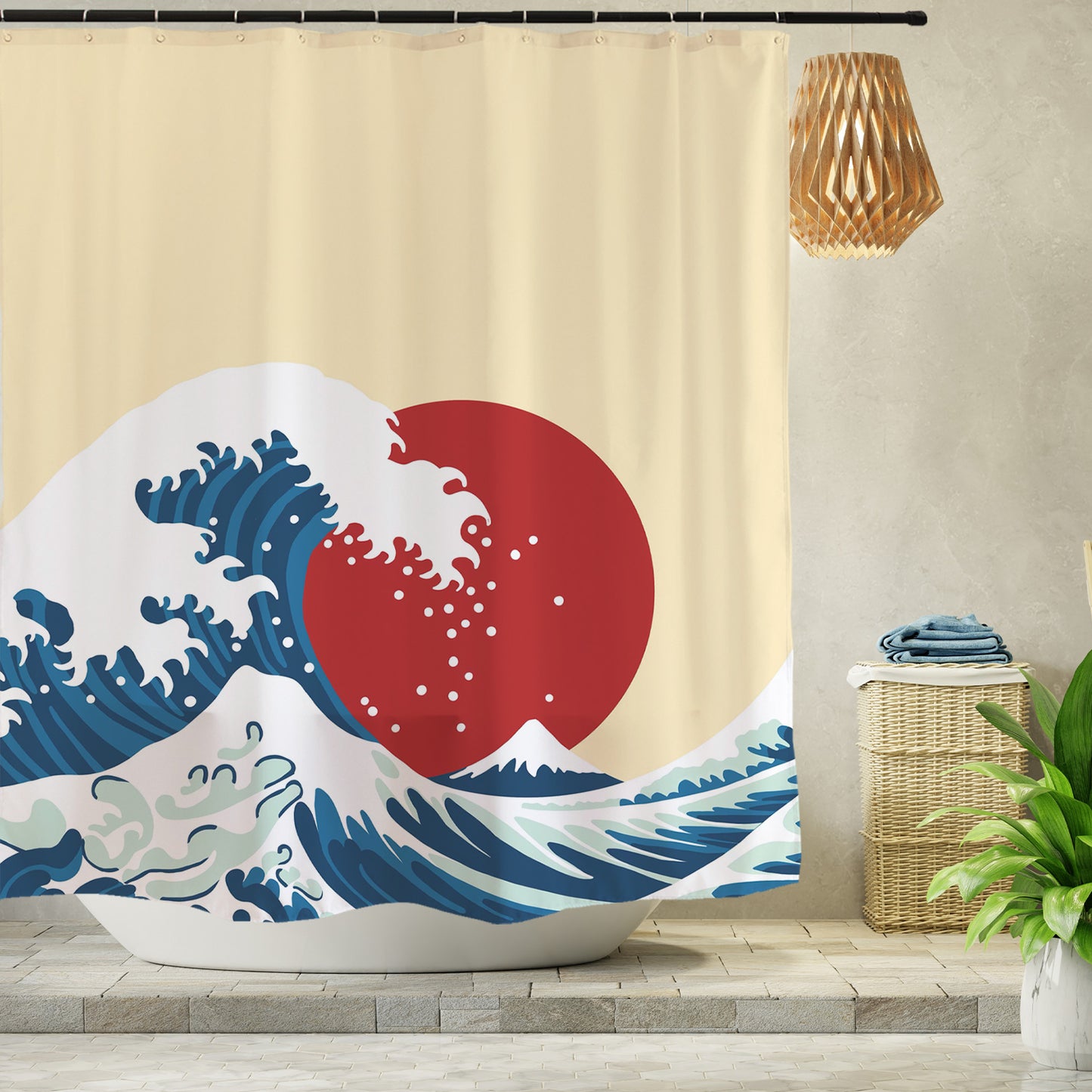 Feblilac Ukiyoe Waves Sunset Shower Curtain @Frank’s design
