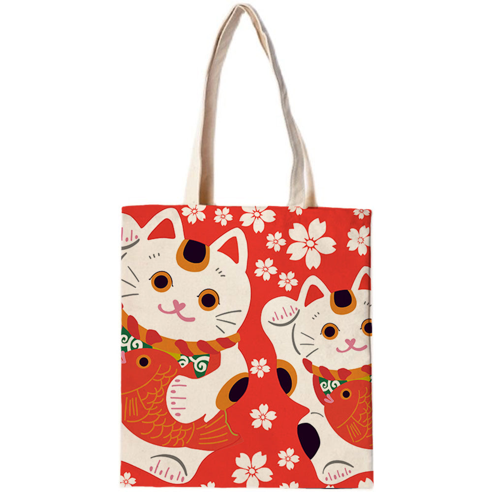 Feblilac Red Background White Sakura Lucky Cat Canvas Tote Bag