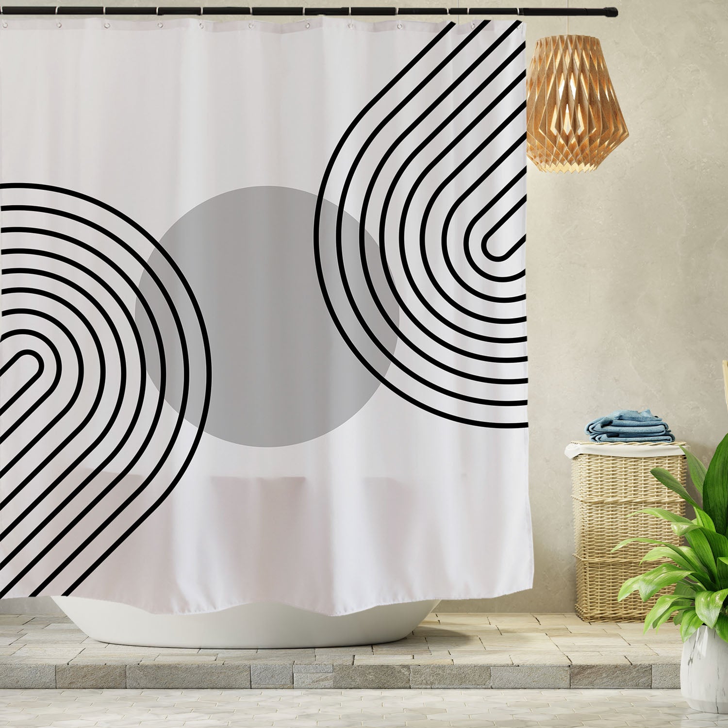 Feblilac Black and White Line Shower Curtain with Hooks