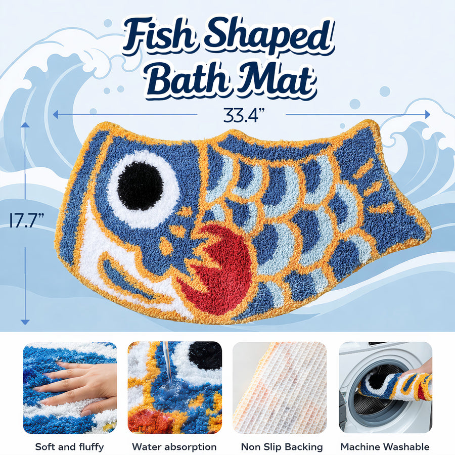 Feblilac Cute Blue Koi Fish Bath Mat, Japanese Carp Bathroom Rug - view 3