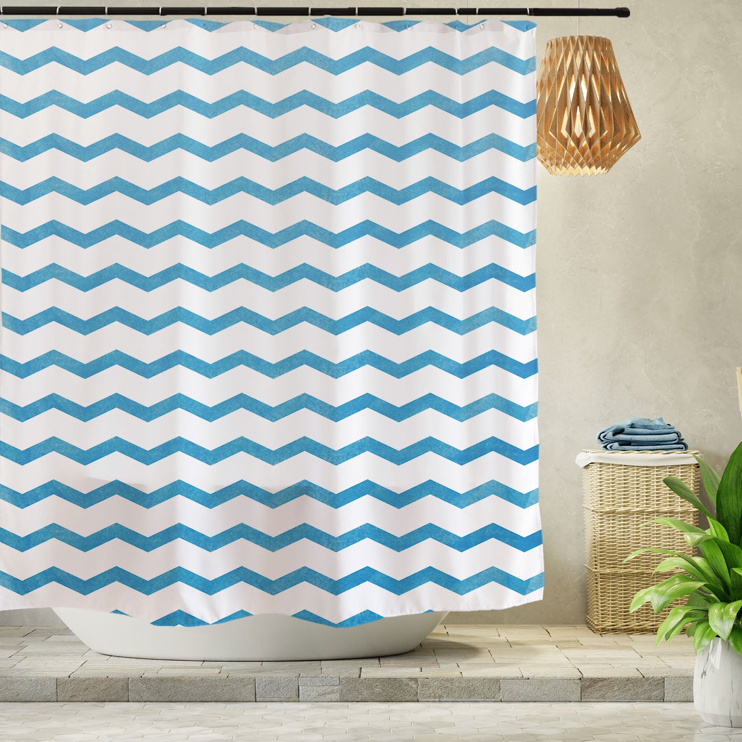 Feblilac Blue Gradient Watercolor Pattern Shower Curtain with Hooks