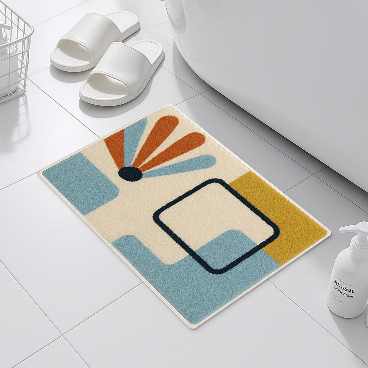 Feblilac Minimal Blue Yellow Black Geometric tufted bath mat in front of a bathroom vanity with fresh towels