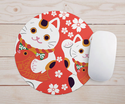 Feblilac Red Background White Sakura Lucky Cat Mouse Pad