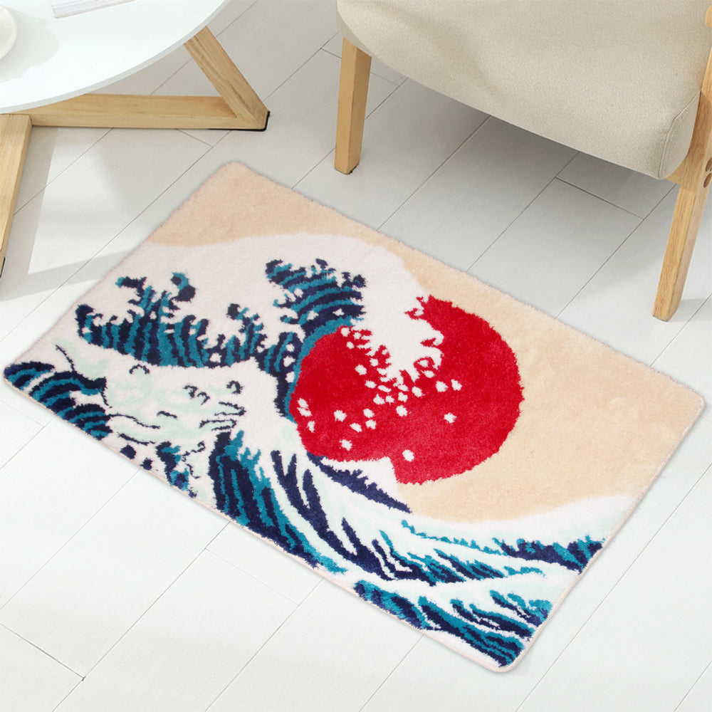Feblilac Ukiyoe Great Waves and Sunset Bath Mat, Japanese Style Rug for Bathroom