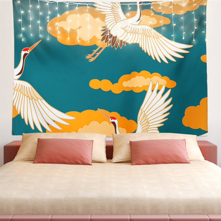 Feblilac Blue Background Crane Tapestry - view 2