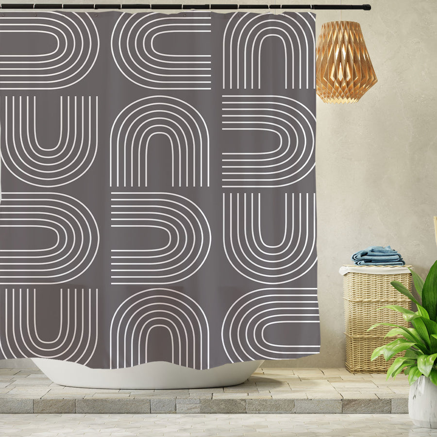 Feblilac Grey U Shaped Pattern Shower Curtain with Hooks - view 2