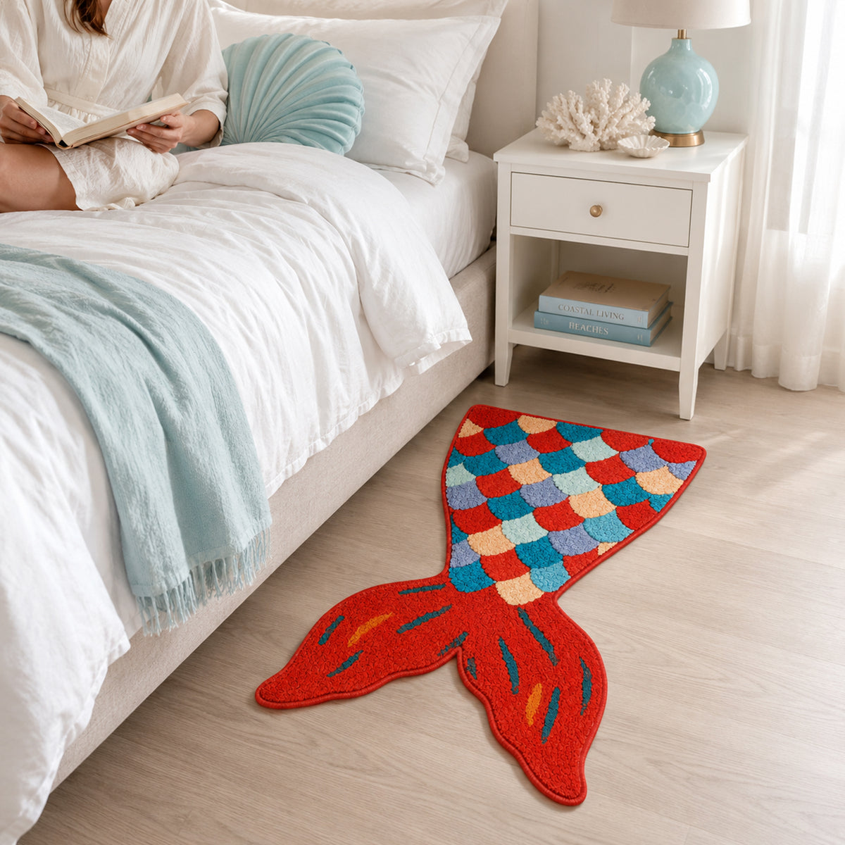 Feblilac Red Mermaid Tail tufted bath mat in front of a bathroom vanity with fresh towels