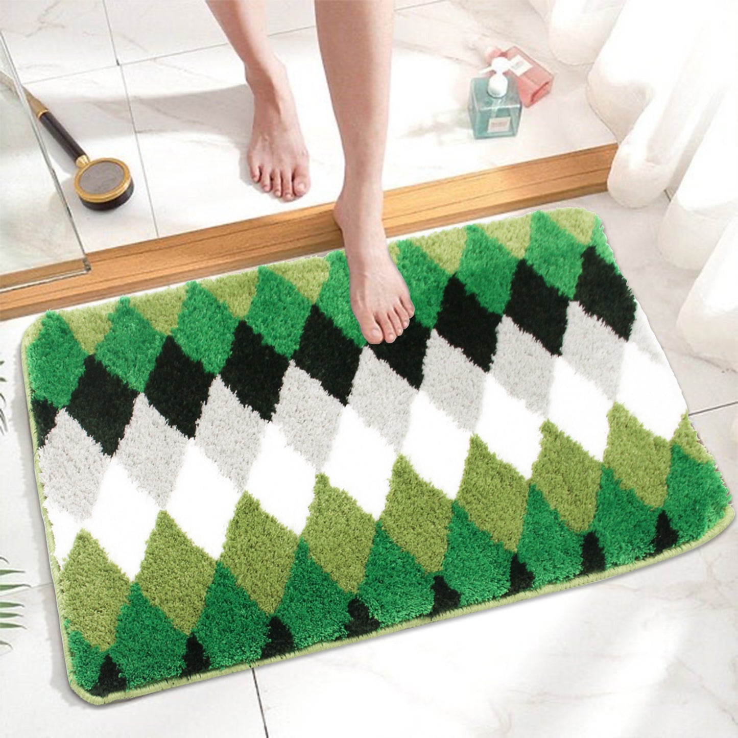 Feblilac Green Gradient Rhombus Tufted Bath Mat