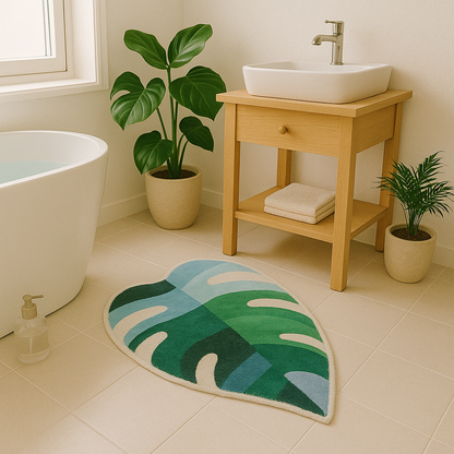 Feblilac Green Leaves with Pink Heart tufted bath mat in a sunny bathroom with a potted plant