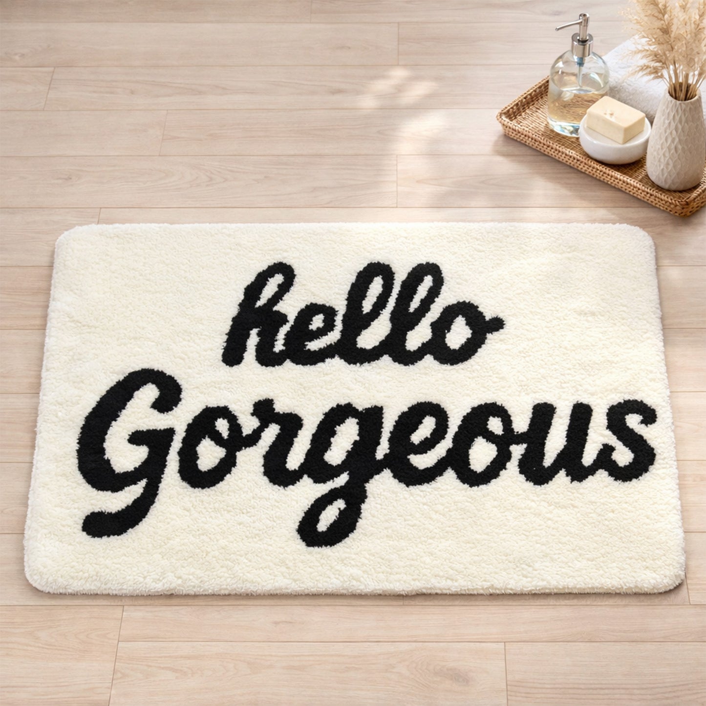 Feblilac Hello Gorgeous White Ground Bath Mat, Black and White Mat for Bedroom Living Room Balcony