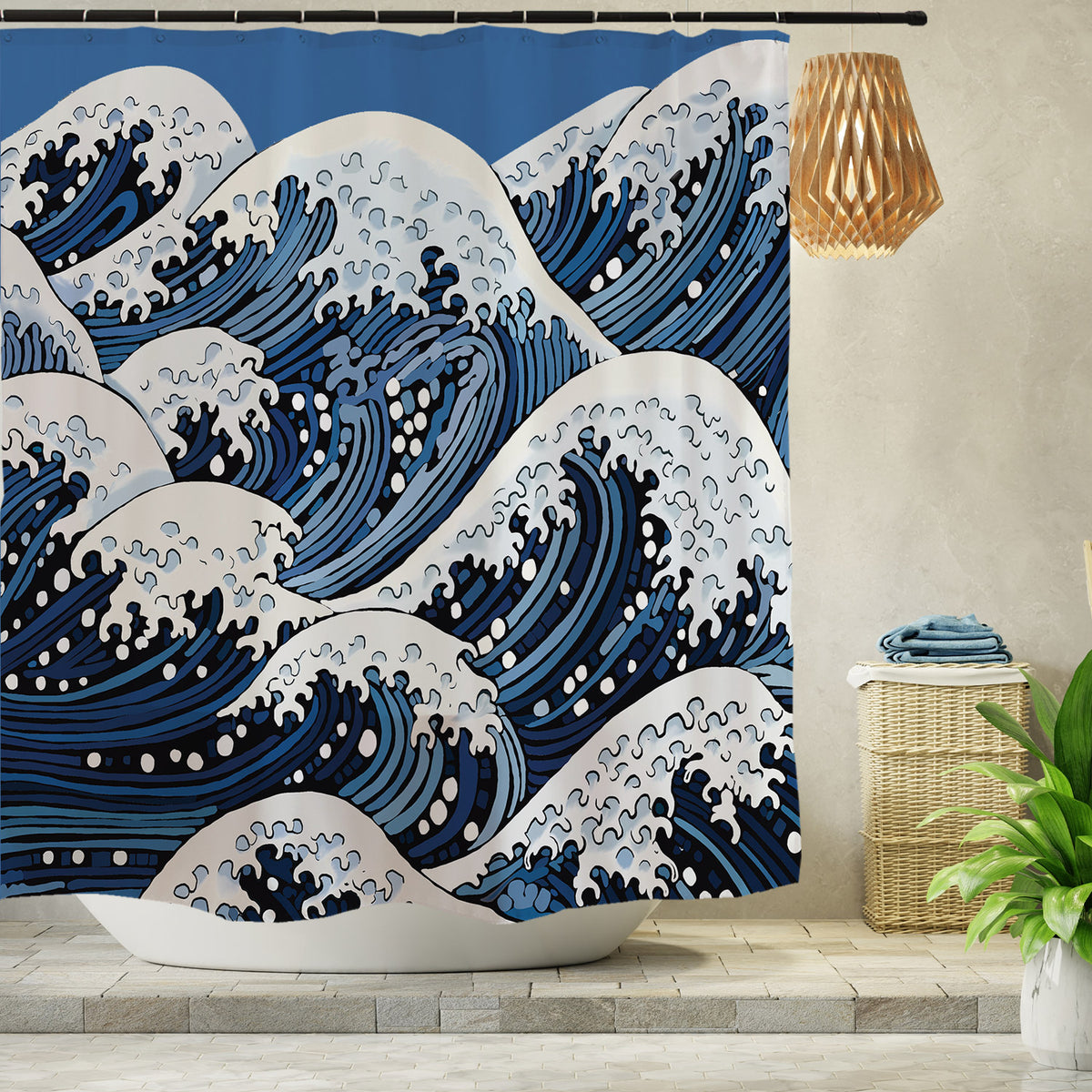Feblilac Ukiyo-e Wave shower curtain with a bathtub and folded towels