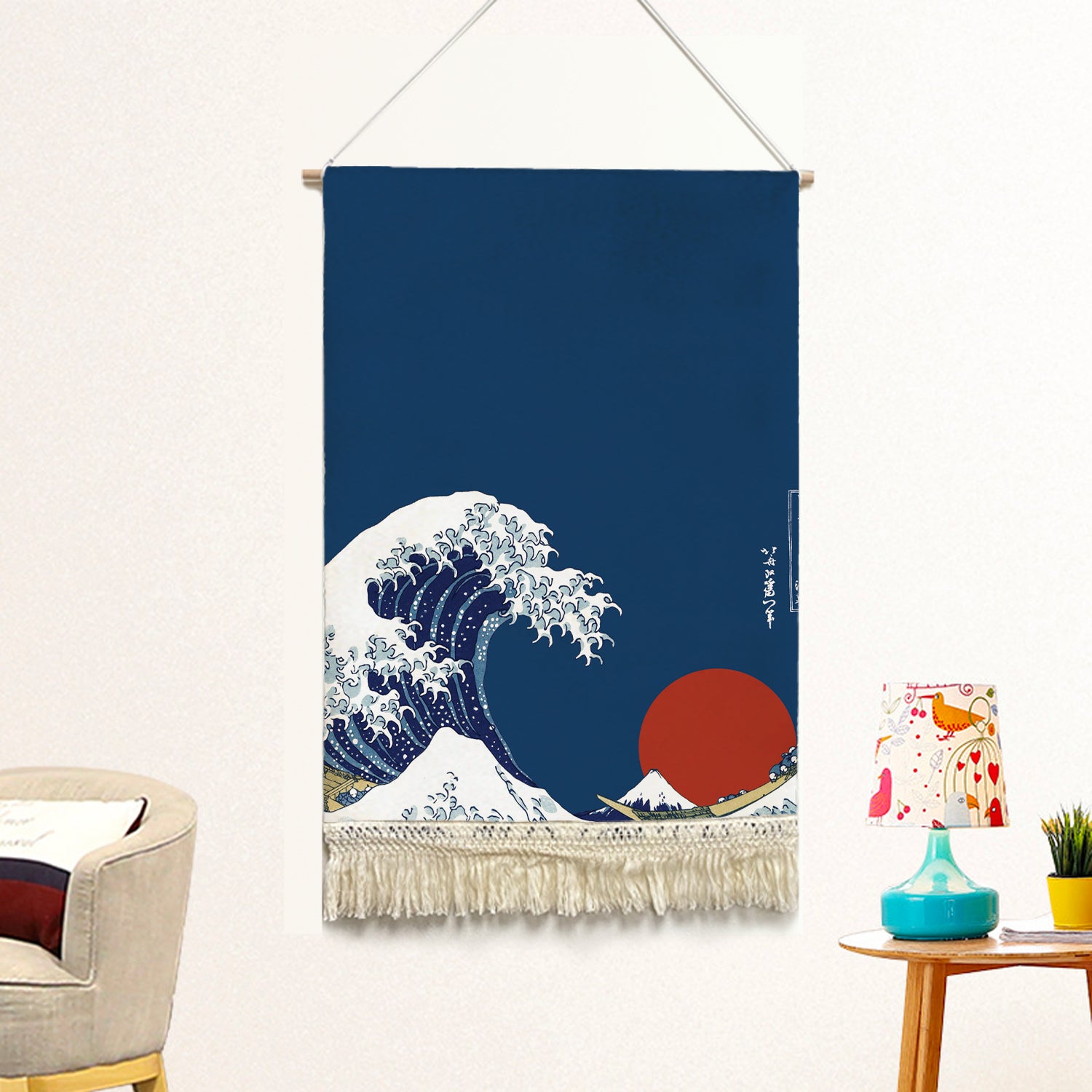 Feblilac Waves and the Sun Ukiyoe Kanagawa Handmade Macrame Hanging Wall Decor Art, Woven Tapestry, Wall Decoration @Frank’s design