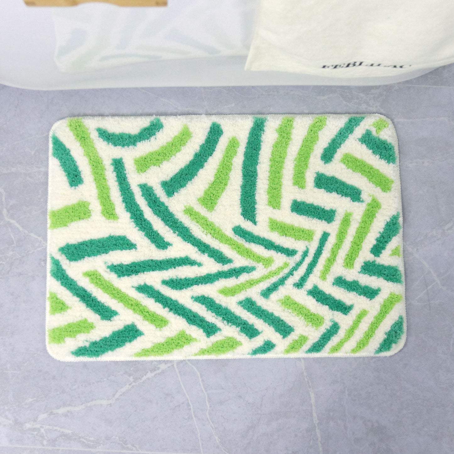Feblilac Abstract Green Lines Bath Mat, Modern Leaves Art Rug for Bathroom