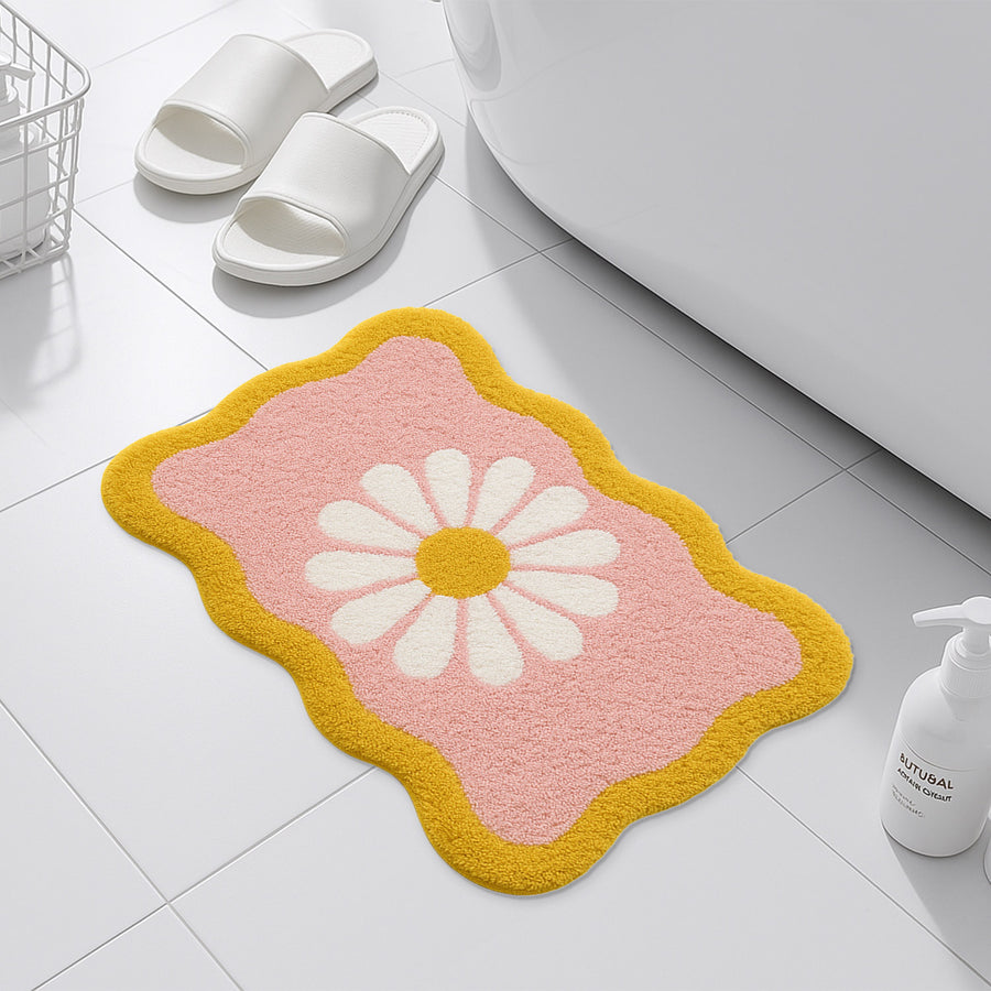 Feblilac Wavy Daisy Tufted Bath Mat – Pink & Yellow Floral Design, Cute & Soft Bathroom Rug - view 3