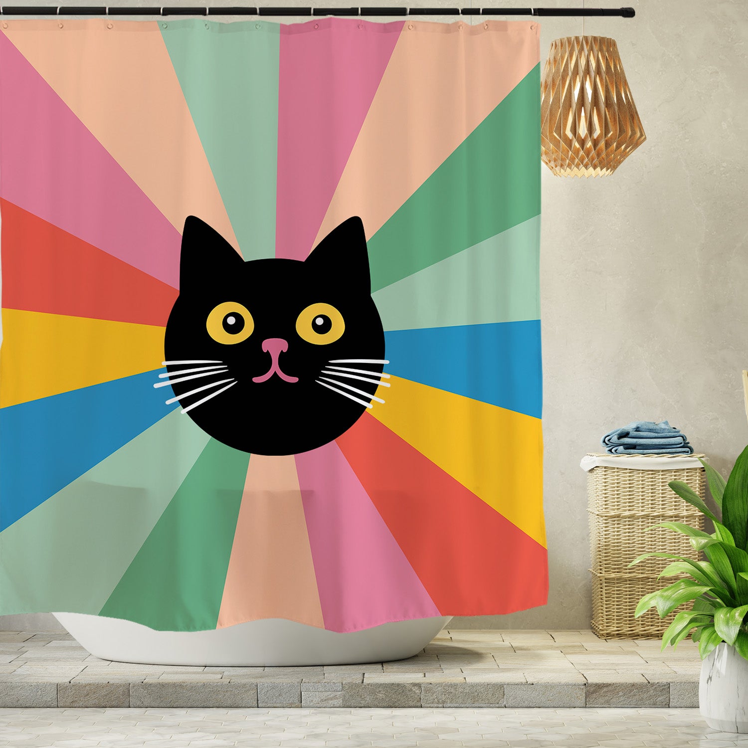 Feblilac Black Cat Colorful Stripes Background Shower Curtain with Hooks