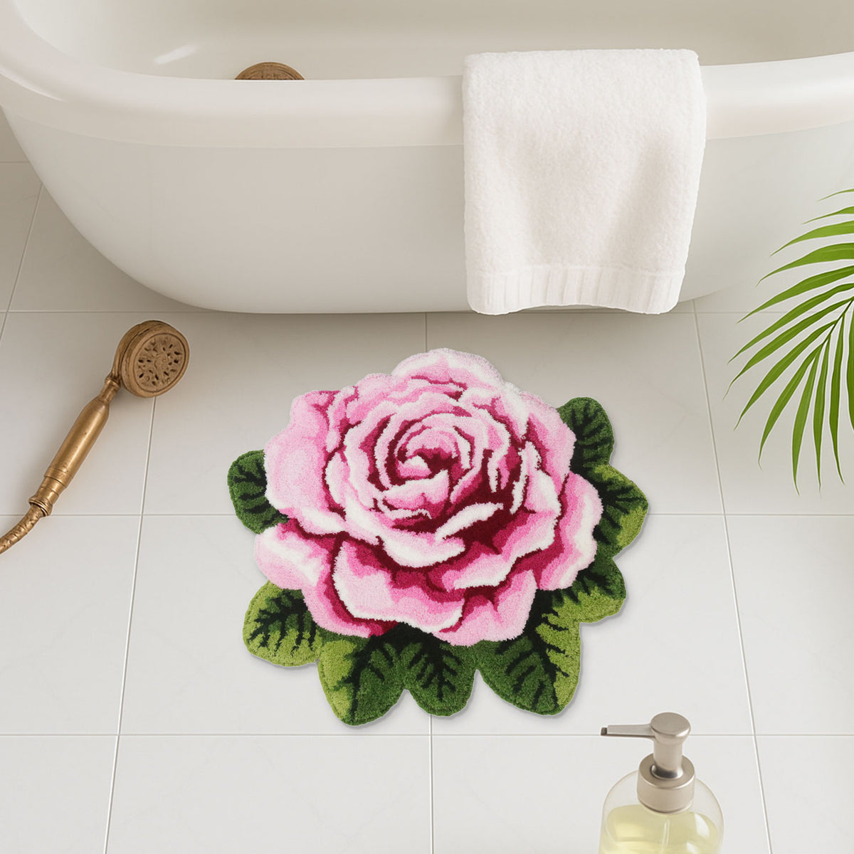 Feblilac Single Flower tufted bath mat in front of a bathroom vanity with fresh towels
