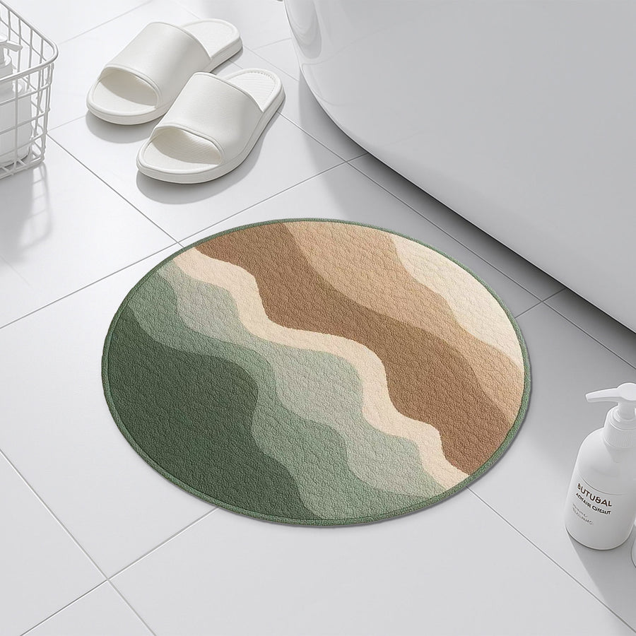 Round Earth Tone Wave Rug – Minimalist Calm Bathroom or Entry Mat | Feblilac - view 3
