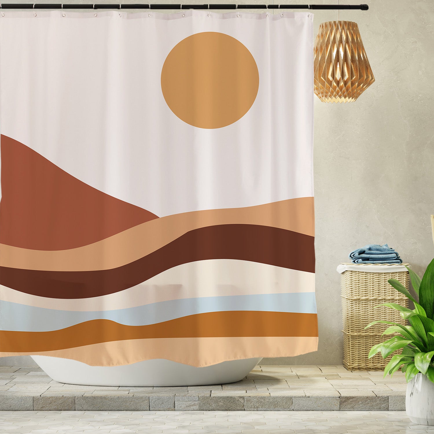 Feblilac Orange Mountains and Rivers Sunrise Shower Curtain with Hooks