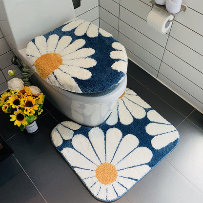 Feblilac Nave Blue Daisy Bath Mat Set, Flower Floral Bathroom Rug Set, Toilet Cover Mat - view 2