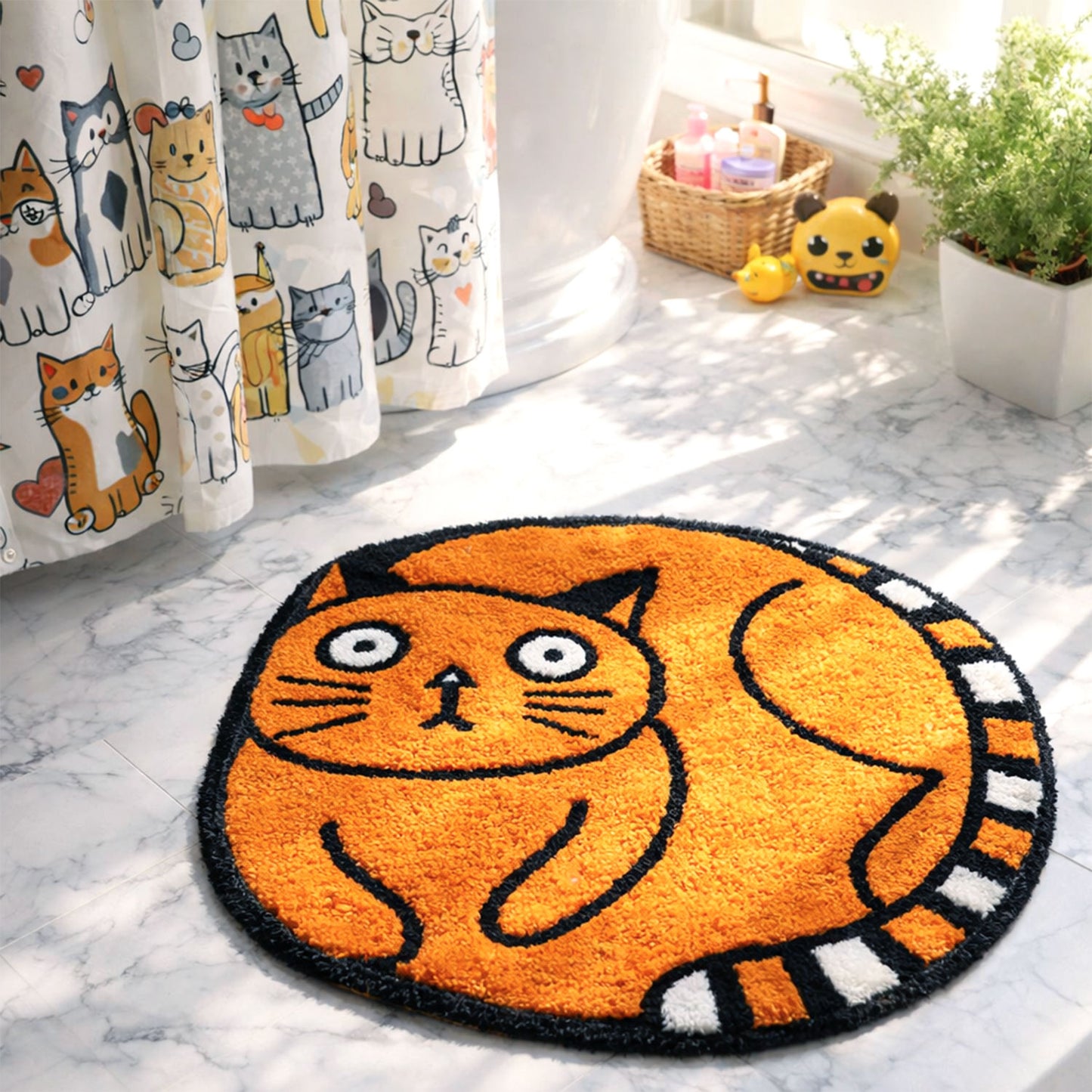 Feblilac Orange Cat Tufted Bath Mat – Cute Non-Slip, Absorbent, Machine Washable Rug