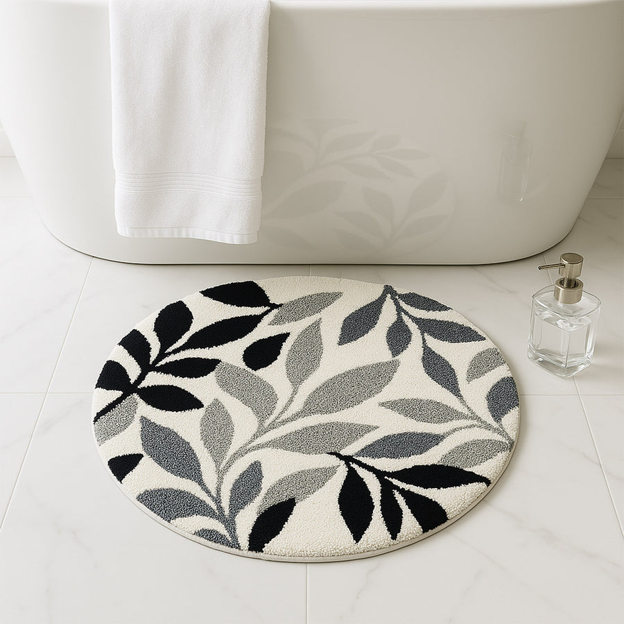Feblilac Black and White Leaves Round Tufted Bath Mat - view 2