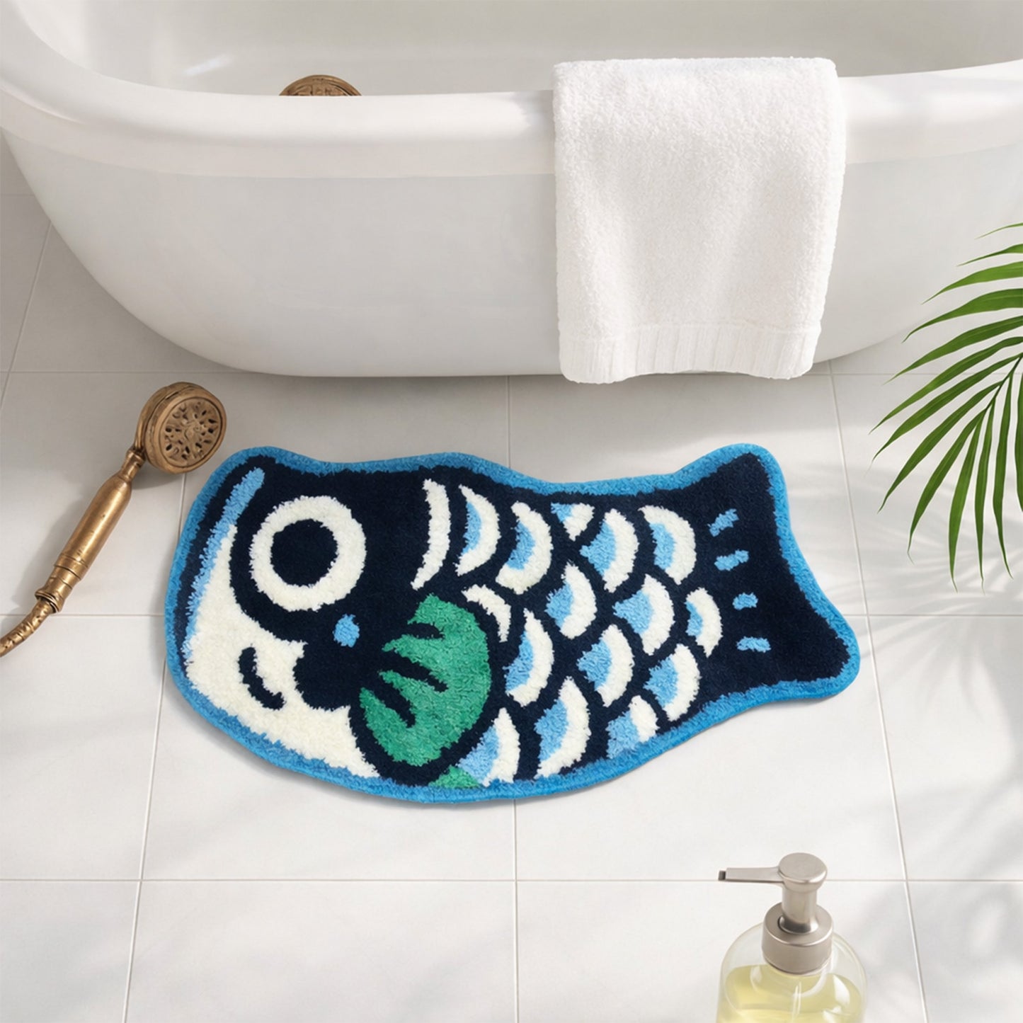 Feblilac Blue Fish-Shaped Tufted Bath Mat, Black Green