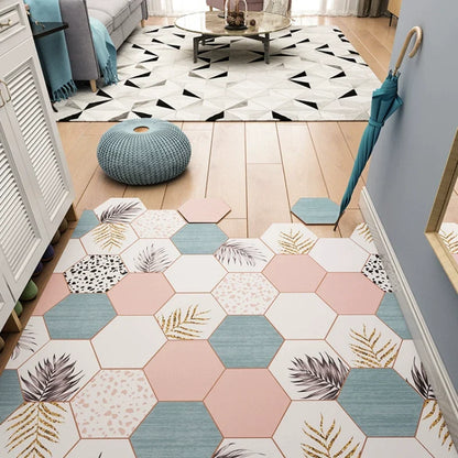 Feblilac Irregular Geometric Hexagon Blue Leaves PVC Leather Door Mat