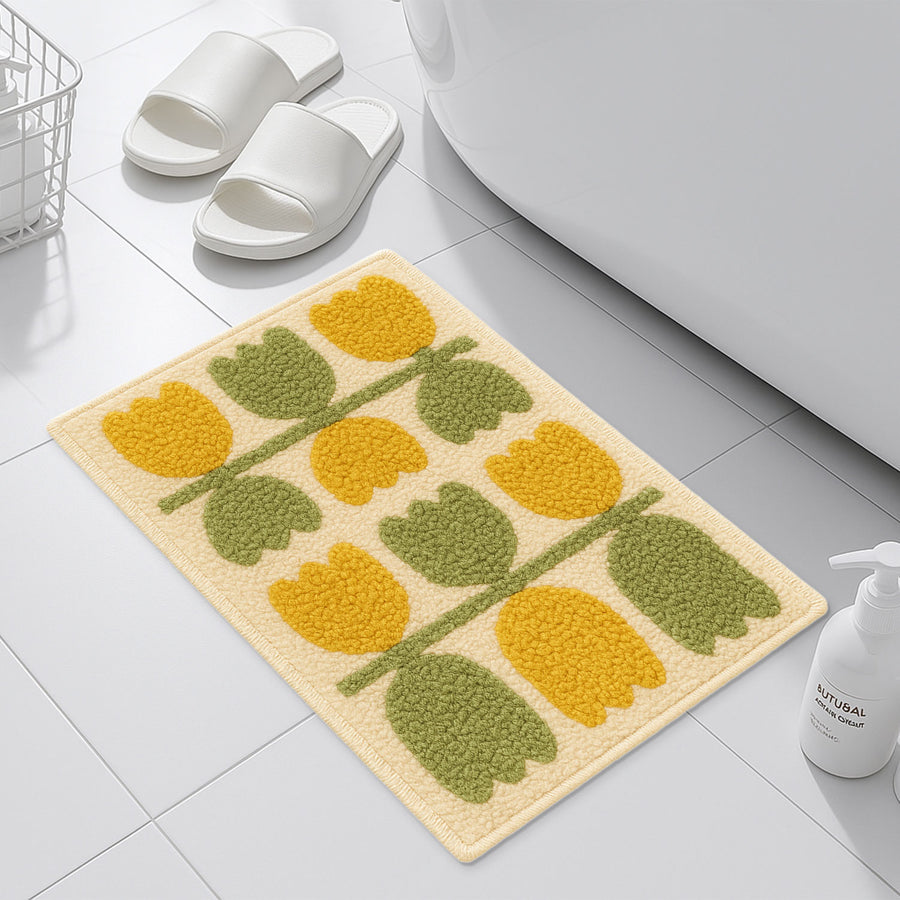 Feblilac Retro Tulip Bath Mat – Yellow & Green Floral Design - view 3