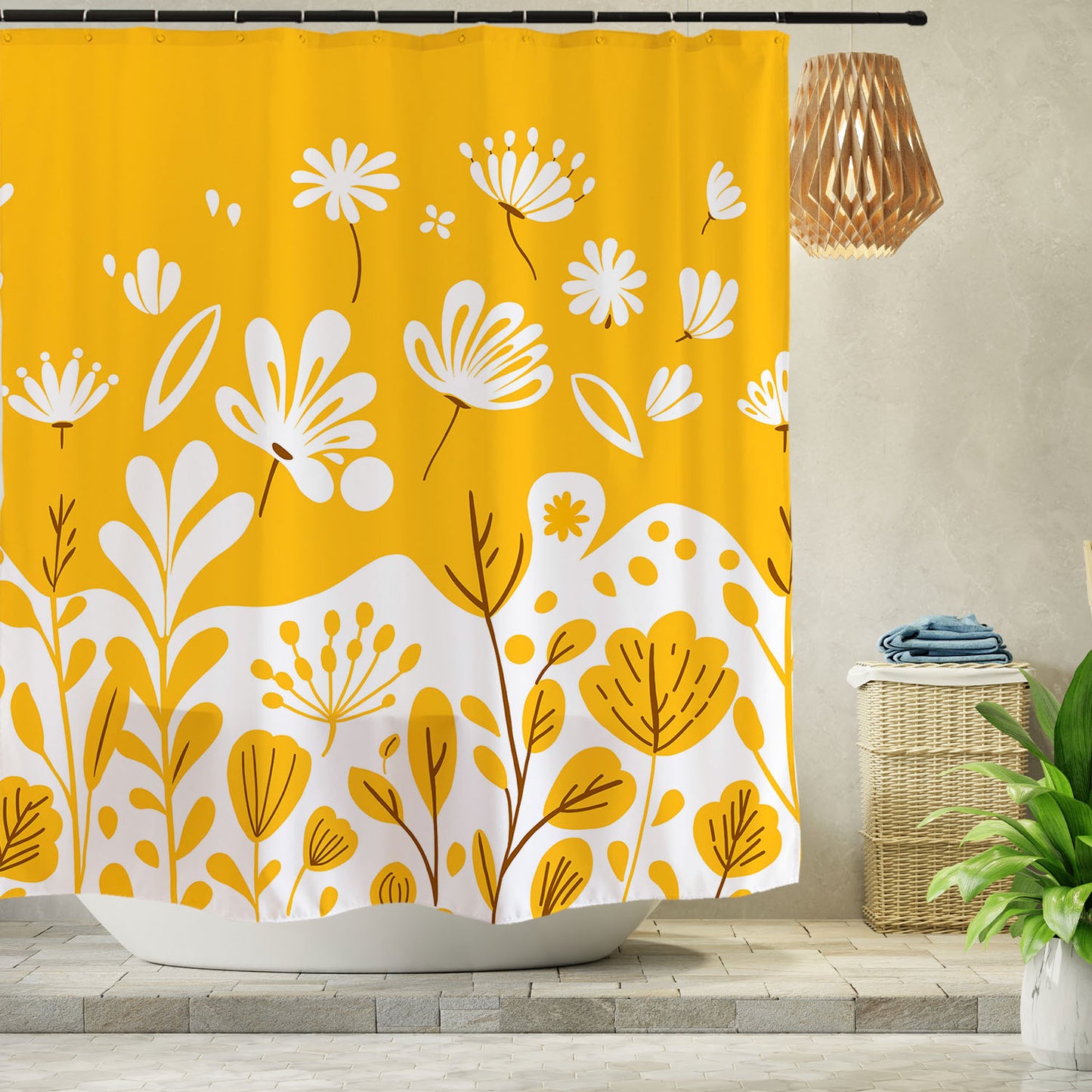 Feblilac Yellow Dandelion Curved Branches Shower Curtain with Hooks