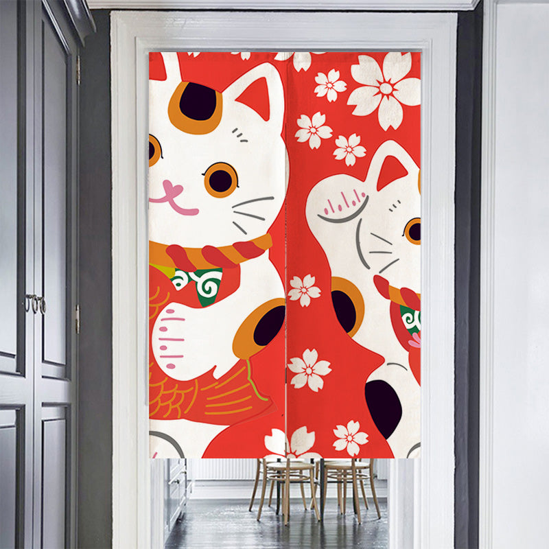 Feblilac Red Background White Sakura Lucky Cat Door Curtain - view 2
