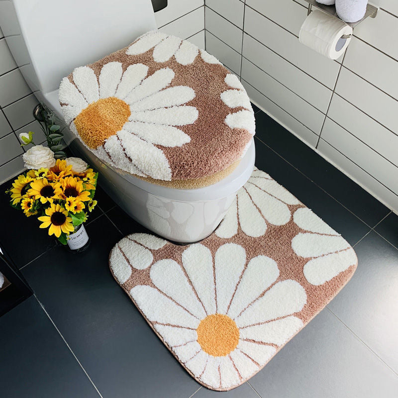 Feblilac Brown Daisy Bath Mat Set, Flower Floral Bathroom Rug Set, Toilet Cover Mat