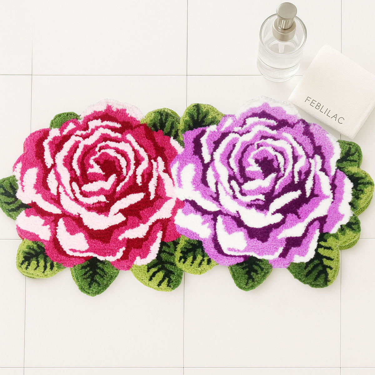 Feblilac Two Flowers tufted bath mat in front of a bathroom vanity with fresh towels
