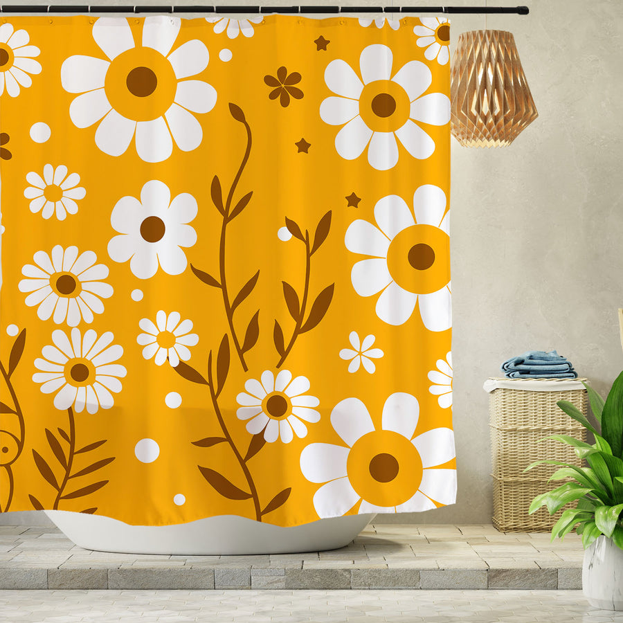 Feblilac Yellow Background White Flower Daisy Shower Curtain with Hooks - view 2