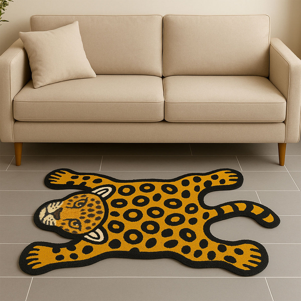 Feblilac Leopard tufted bath mat in front of a bathroom vanity with fresh towels