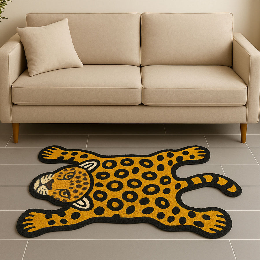 Feblilac Leopard tufted bath mat in front of a bathroom vanity with fresh towels